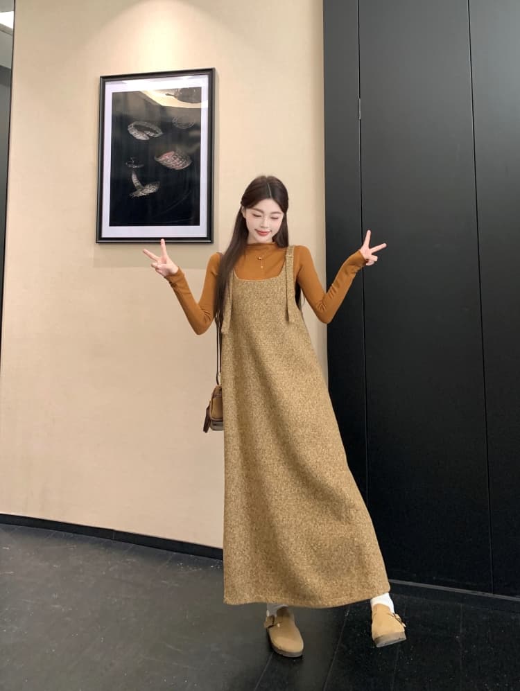 실사 2026 새로운 출산 착용 가을 겨울 의류 모직 멜빵 스커트 예쁜 스웨터 투피스 세트 상세 이미지 24