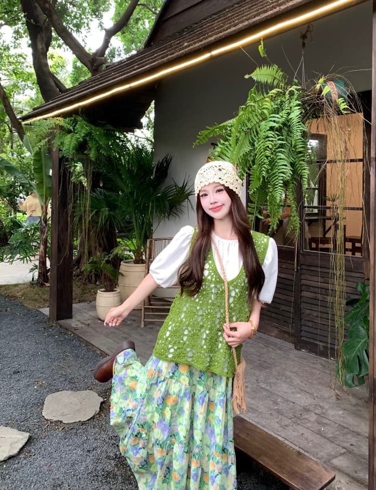 실사 지금 2026 새로운 출산 착용 여름 드레스 반팔 흰색 티셔츠 자수 조끼 반신 스커트 3종 세트 상세 이미지 14