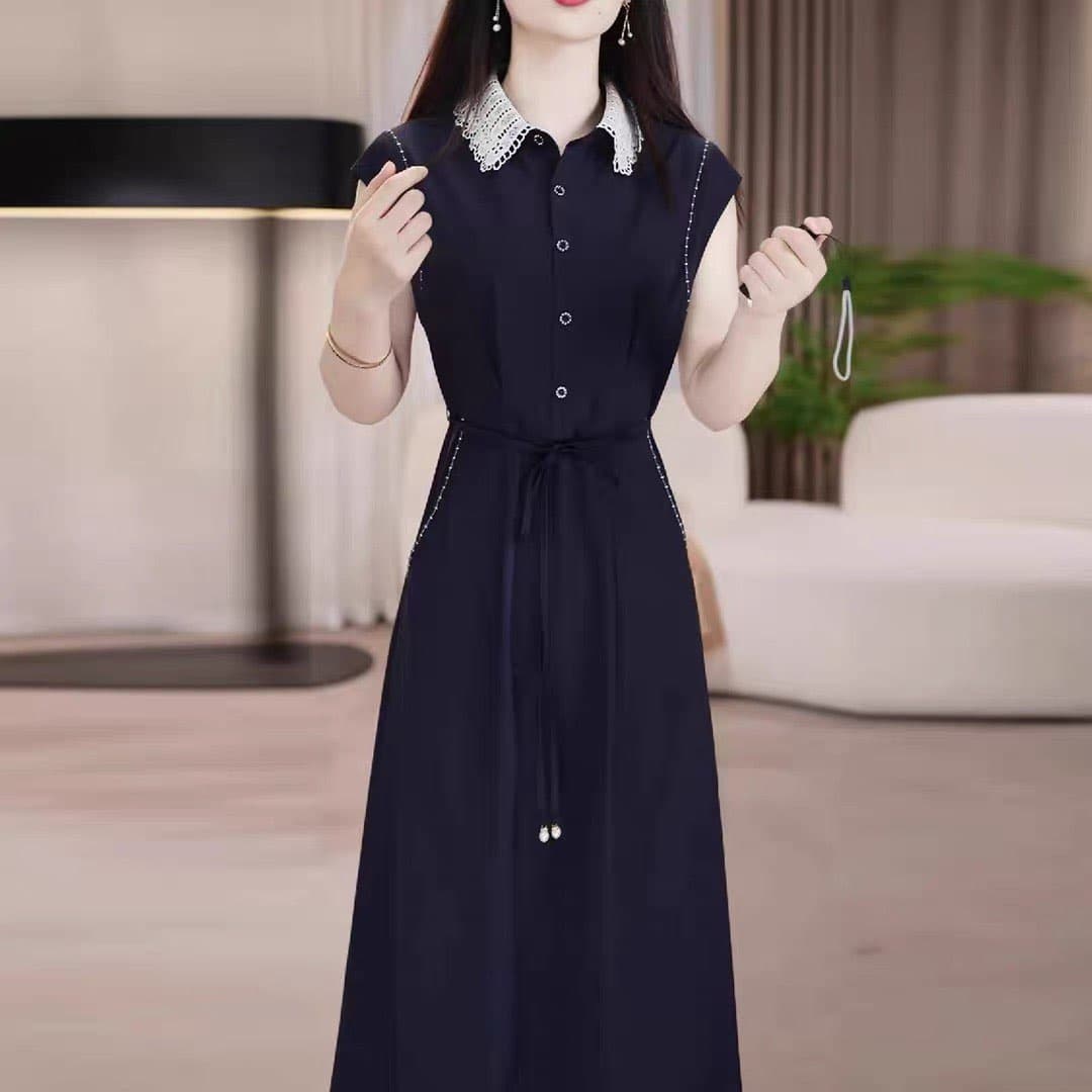 패션 품격 폴로 칼라 중간 길이 여성 드레스 여름 새로운 고급 센스 슬림해 보이는 연령 감소 허리 수축 폭발 치마 상세 이미지 1