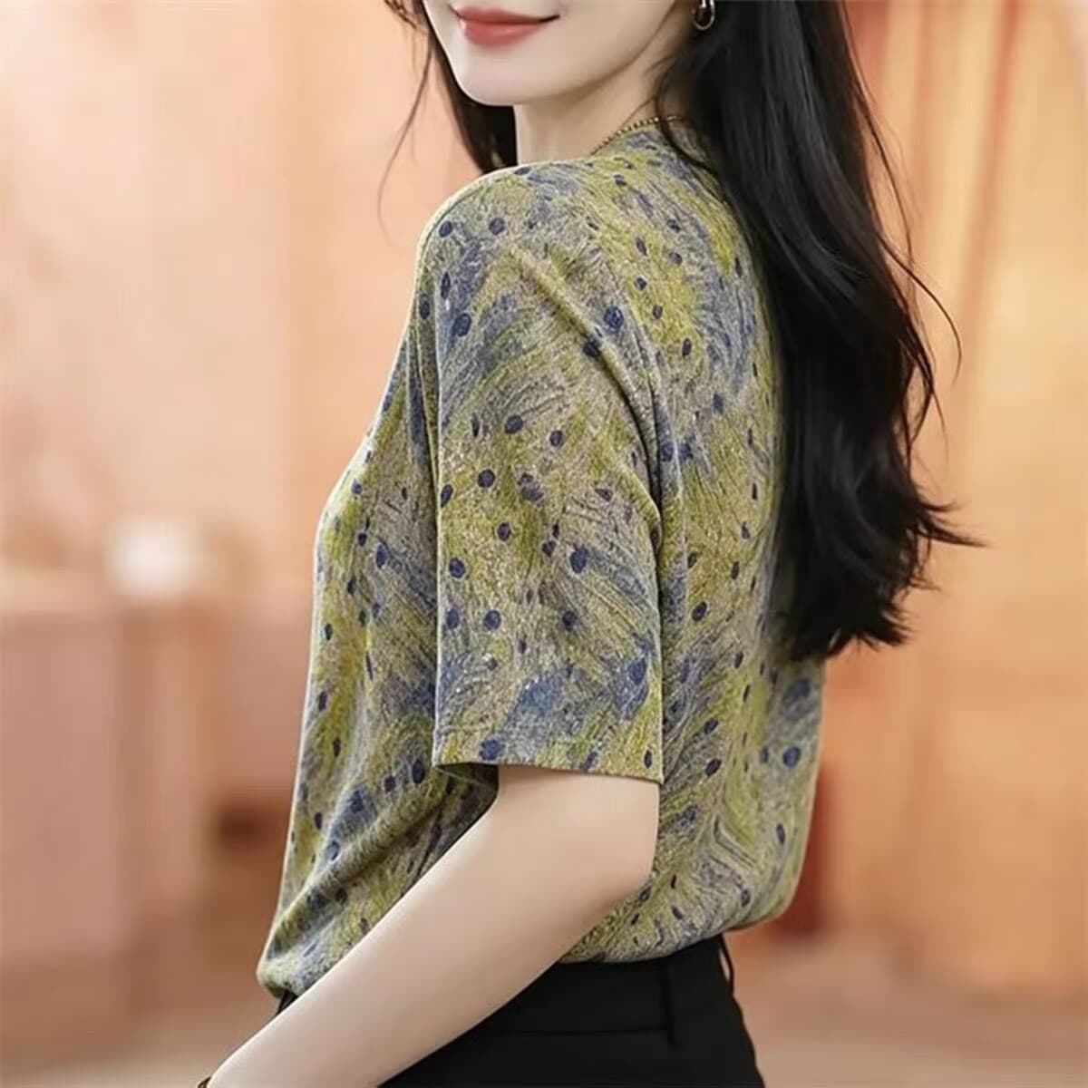 26 여름 새로운 고급 프로 피부 반팔 맨위 여성 루즈핏 슬림해 보이는 다용도 품격 라운드 넥 외국 가스 꽃무늬 패션 상세 이미지 3