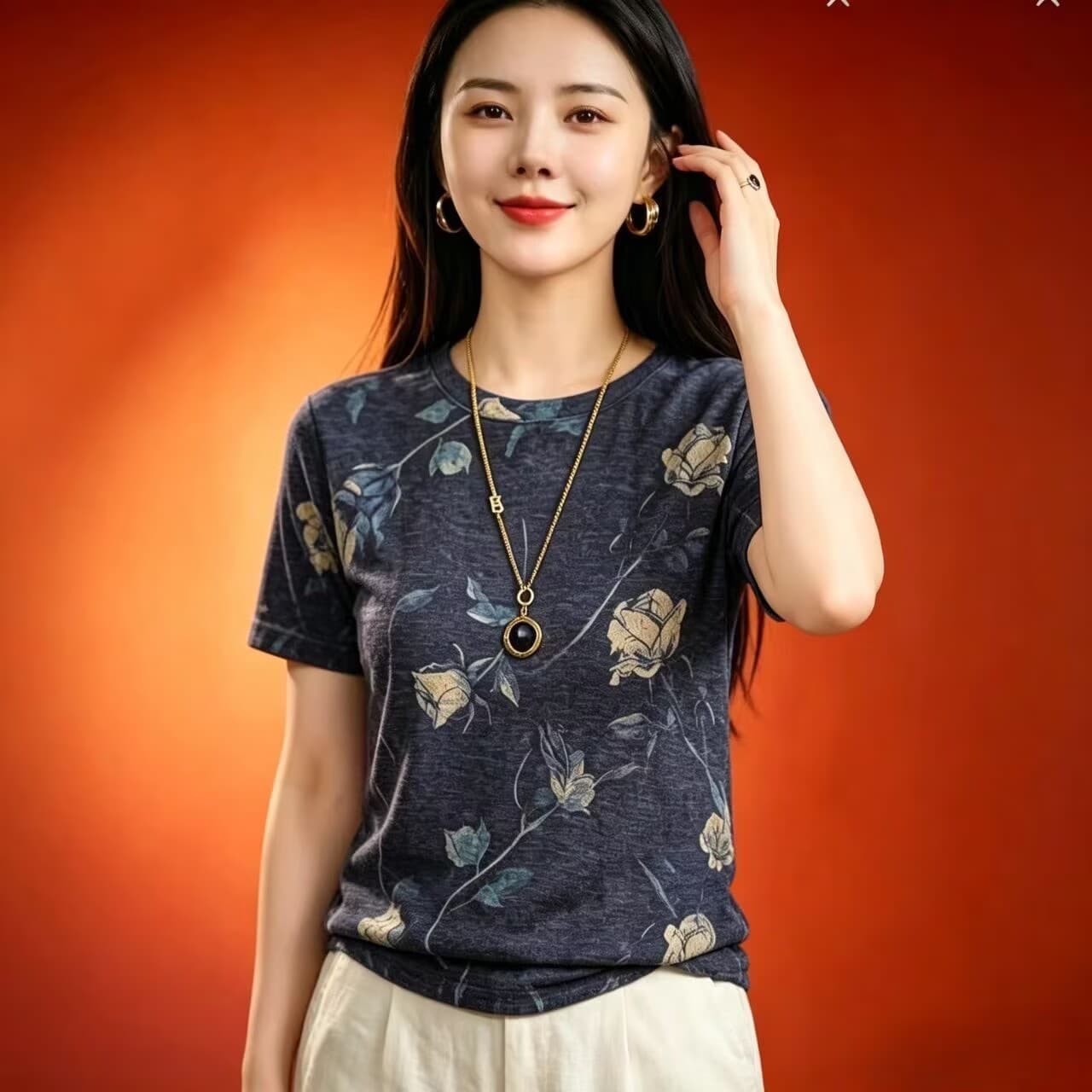 패션 프린트 라운드 넥 반팔 티셔츠 여성 여름 새로운 y 어머니 드레스 캐주얼 연령 감소 다용도 표지 고기 슬림해 보이는 맨위 상세 이미지 1