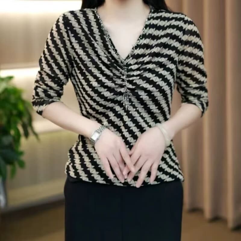 가을 연령 감소 V넥 긴팔 패션 V넥 다용도 품격 슬림해 보이는 외국 가스 티셔츠 품격 여자 맨위 이미지 2