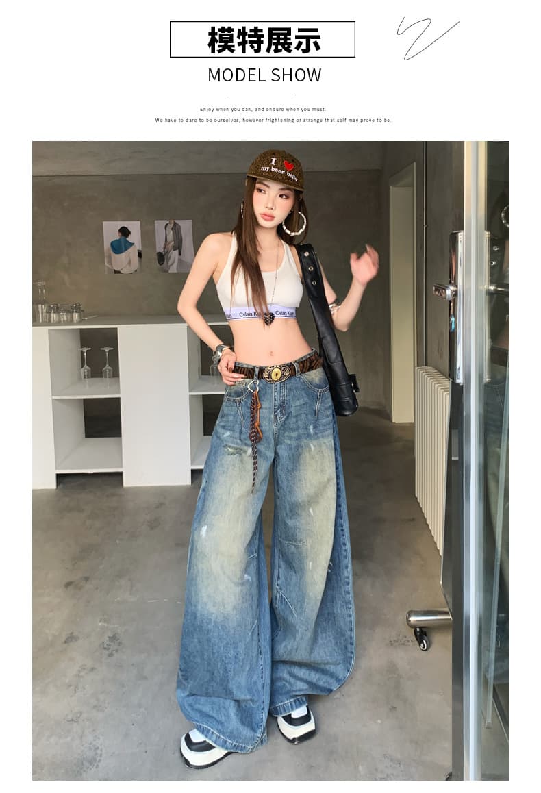 2026 봄 드레스 새로운 와이드 레그 팬츠 여성 의류 청바지 모통이 칼 바지 레트로 노스탤지어 블루 데님 긴 바지 길이 연장 상세 이미지 9