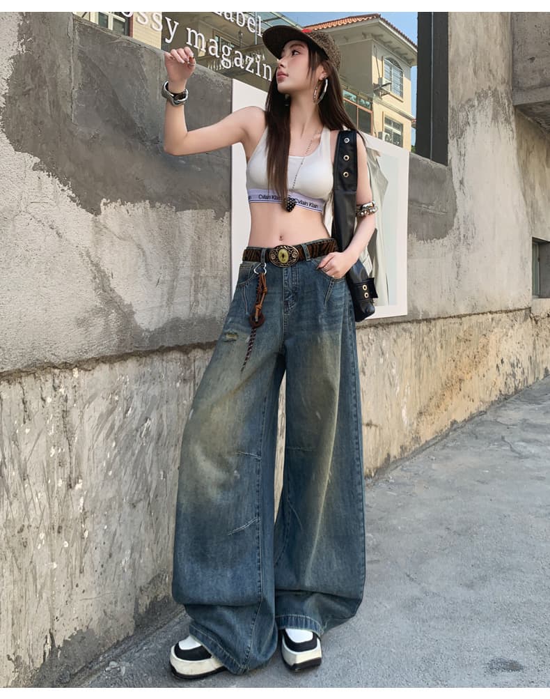 2026 봄 드레스 새로운 와이드 레그 팬츠 여성 의류 청바지 모통이 칼 바지 레트로 노스탤지어 블루 데님 긴 바지 길이 연장 상세 이미지 11