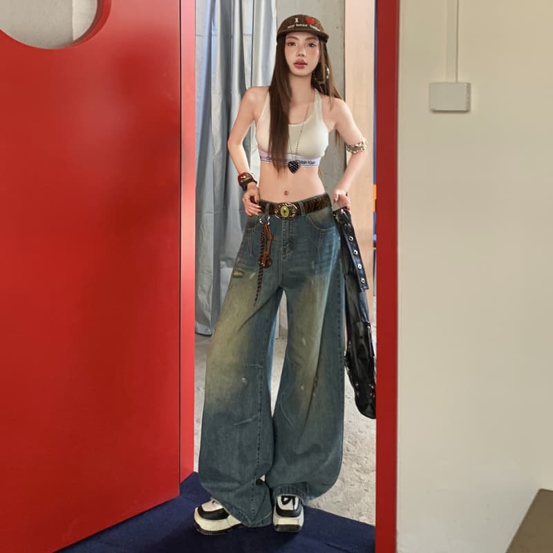 2026 봄 드레스 새로운 와이드 레그 팬츠 여성 의류 청바지 모통이 칼 바지 레트로 노스탤지어 블루 데님 긴 바지 길이 연장 이미지 2