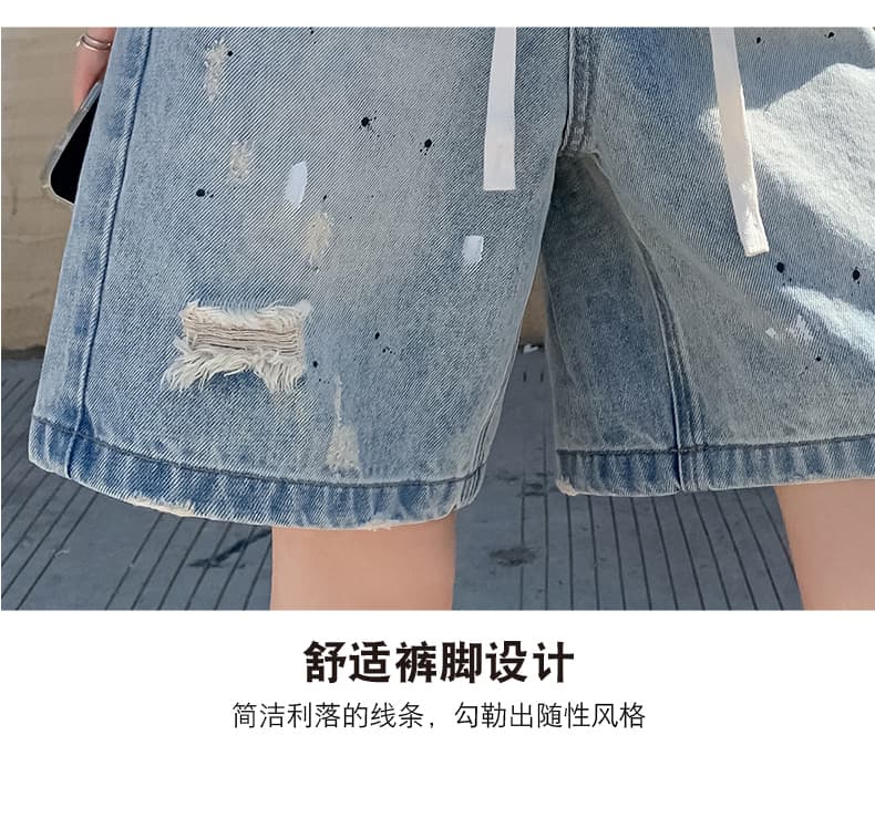 높은 품질 워싱 하늘색 찢어진 부분 데님 바지 여성 여름 새로운 한국 스타일 루즈핏 품격 백 코디 허리 로프 상세 이미지 11