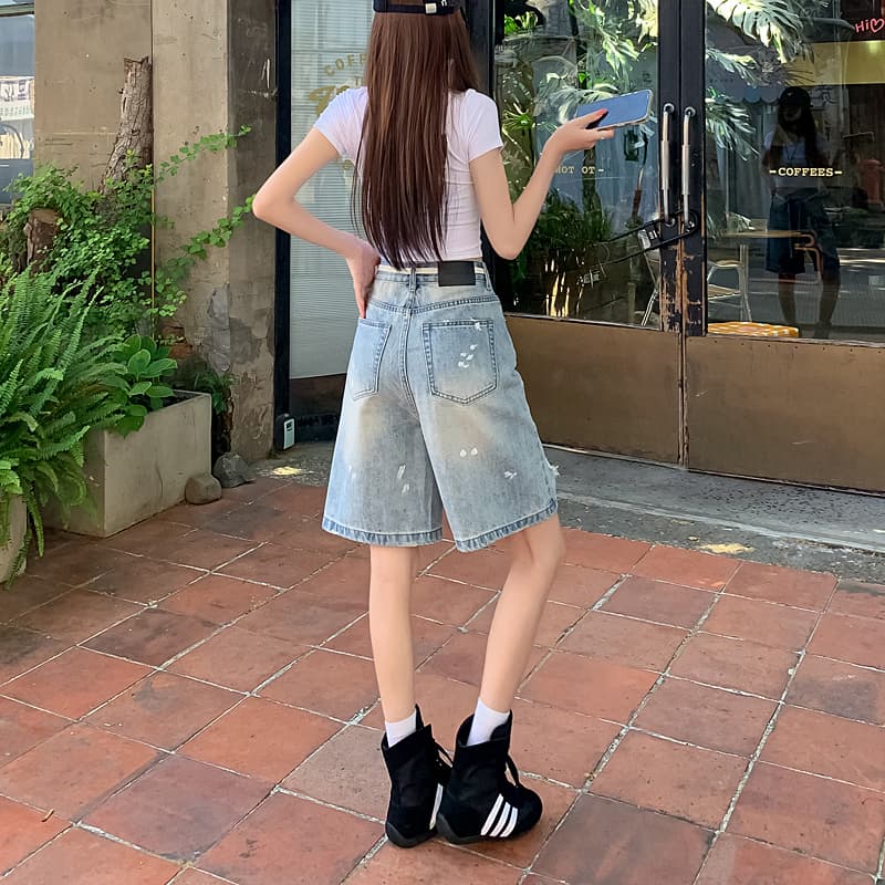 높은 품질 워싱 하늘색 찢어진 부분 데님 바지 여성 여름 새로운 한국 스타일 루즈핏 품격 백 코디 허리 로프 이미지 5
