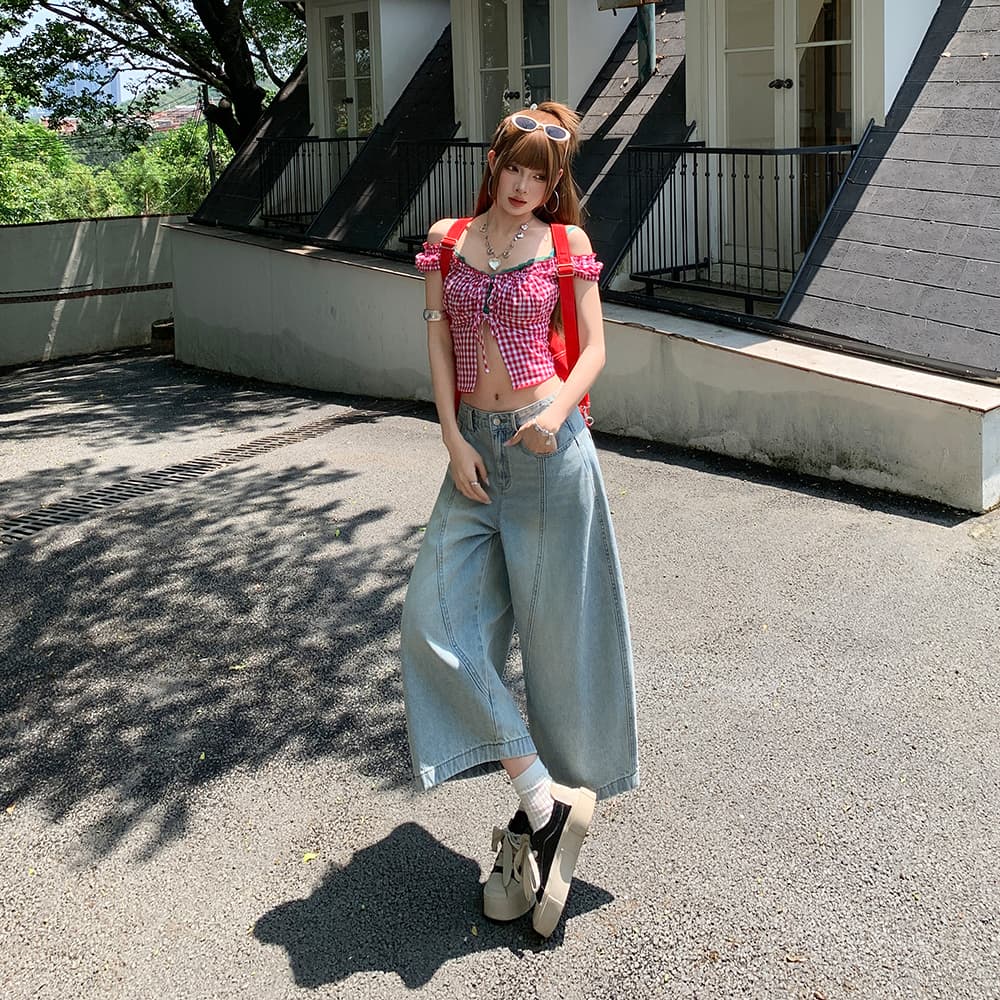 밝은색 7 점 아메리칸 레트로 블루 회색 루즈핏 모통이 칼 청바지 여성 여름 높음 거리 7부 바지 트렌디 이미지 3