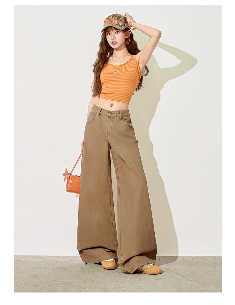 카키 색 아메리칸 레트로 워크웨어 청바지 여성 여름 디자인 센스 루즈핏 스트레이트 도루 센스 넓은 다리 바닥 청소 바지 상세 이미지 24