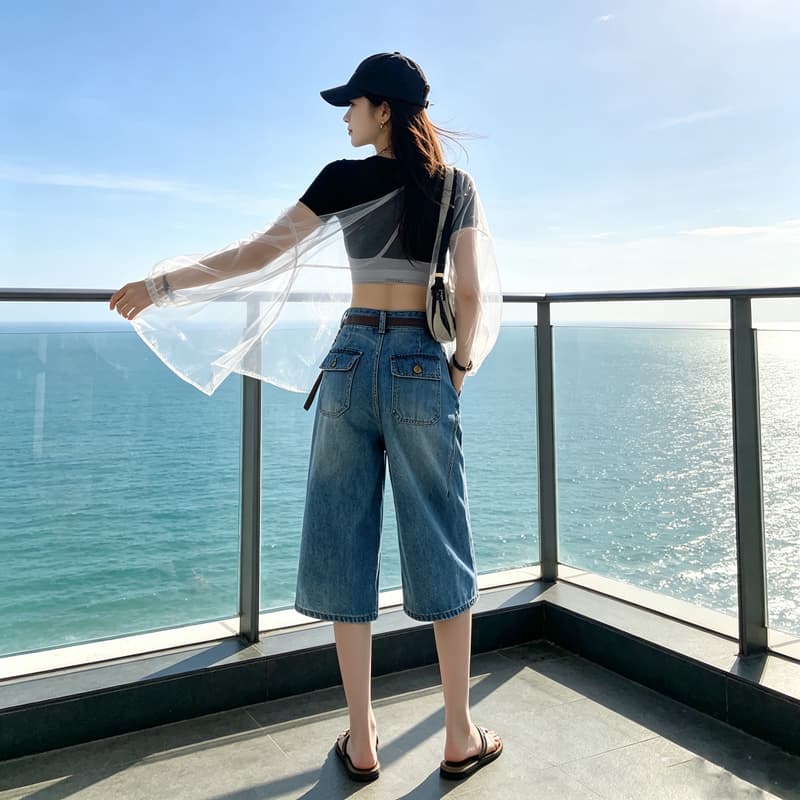 높은 품질 레트로 하이웨이스트 6 점 모통이 칼 데님 여성 여름 루즈핏 다용도 캐주얼 넓은 다리 바지 8184 이미지 3