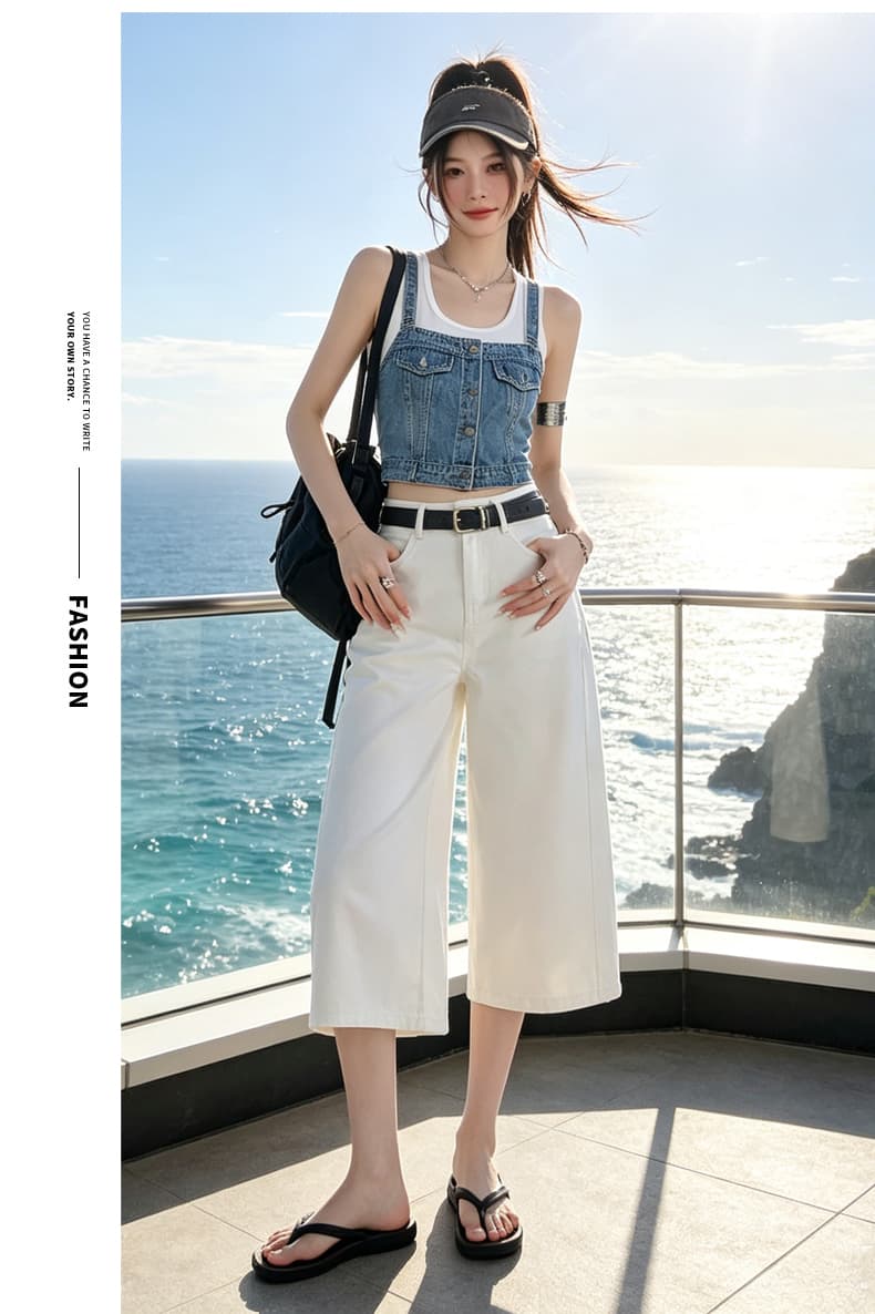 높은 품질 레트로 하이웨이스트 6 점 모통이 칼 데님 여성 여름 루즈핏 다용도 캐주얼 넓은 다리 바지 8184 상세 이미지 14