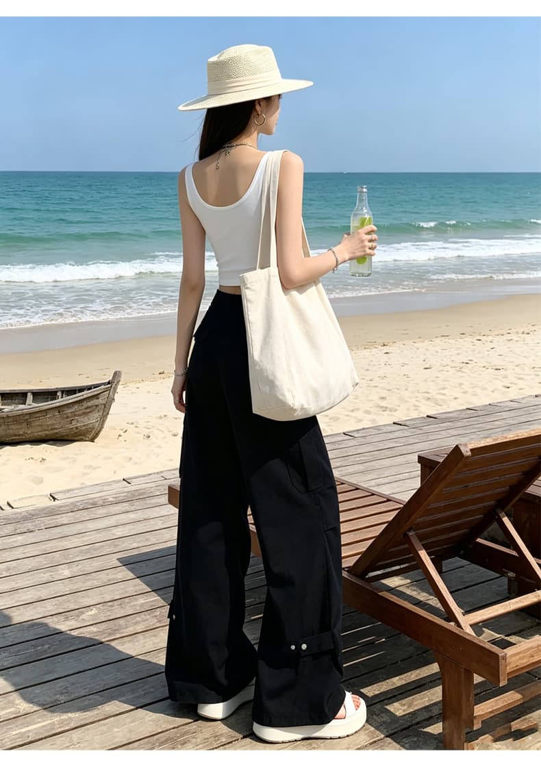 높은 품질 화이트 워크웨어 넓은 다리 청바지 여성 하이웨이스트 루즈핏 기타 주머니 도루 센스 스트레이트 바닥 청소 캐주얼 바지 상세 이미지 14