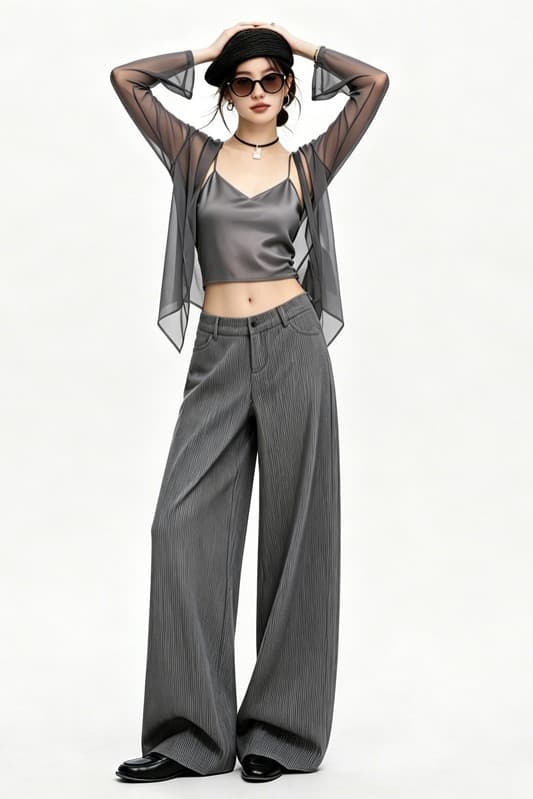 안개 블루 질감 스트라이프 도루 센스 청바지 여성 통기성 하이웨이스트 루즈핏 출퇴근 표지 고기 스트레이트 와이드 레그 팬츠 이미지 6