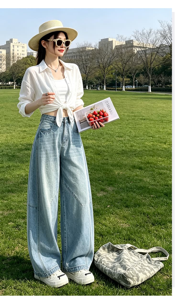 골든 섹션 아메리칸 레트로 하늘색 센 조정 하이웨이스트 낫 청바지 여성 루즈핏 와이드 레그 팬츠 상세 이미지 8