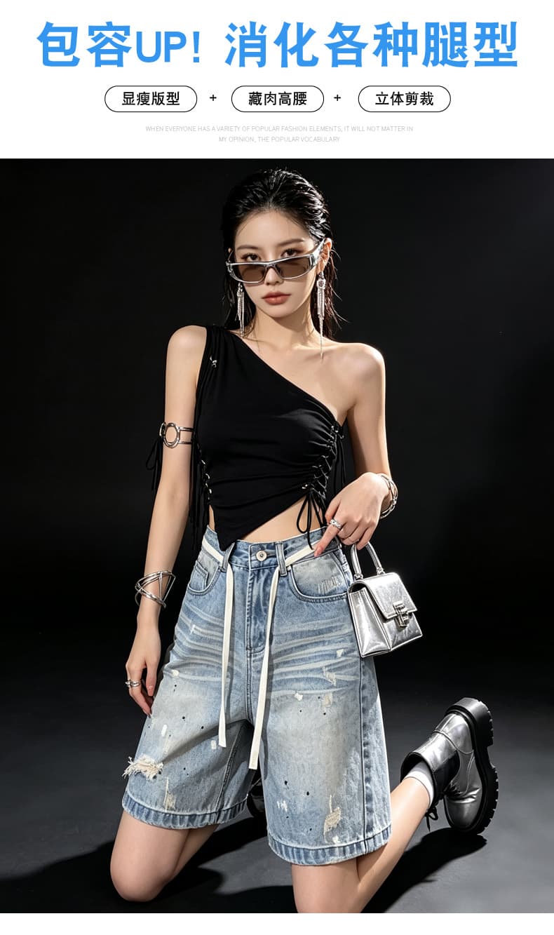 아메리칸 조수 브랜드 넓은 다리 5 점 데님 바지 여성 워싱 통기성 하이웨이스트 펌프 로프 찢어진 부분 슬림해 보이는 스트레이트 반바지 상세 이미지 10