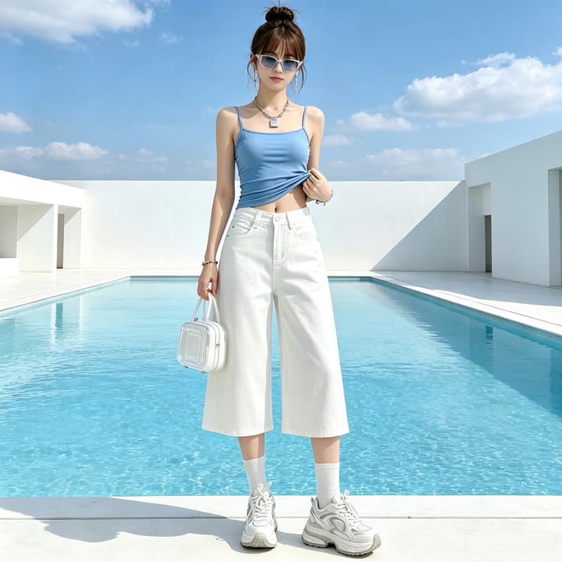 레트로 블루 하이웨이스트 6 점 넓은 다리 청바지 여성 루즈핏 표지 넓적 다리 슬림해 보이는 작은 키 캐주얼 바지