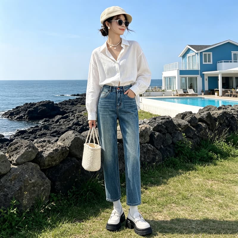 여성 의류 데님 스트레이트 9부 바지 레트로 워싱 통기성 하이웨이스트 슬림해 보이는 작은 키 다용도 청바지 이미지 3