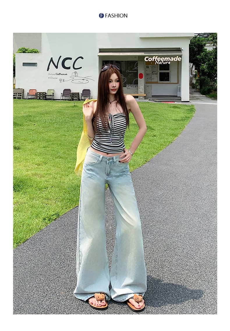 아메리칸 레트로 워싱 마 오래된 고양이 반드시 압력 주름 루즈핏 넓은 다리 스트레이트 도루 센스 데님 긴 바지 여성 상세 이미지 10