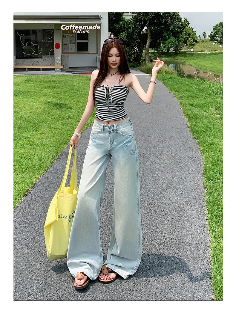 아메리칸 레트로 워싱 마 오래된 고양이 반드시 압력 주름 루즈핏 넓은 다리 스트레이트 도루 센스 데님 긴 바지 여성 상세 이미지 12