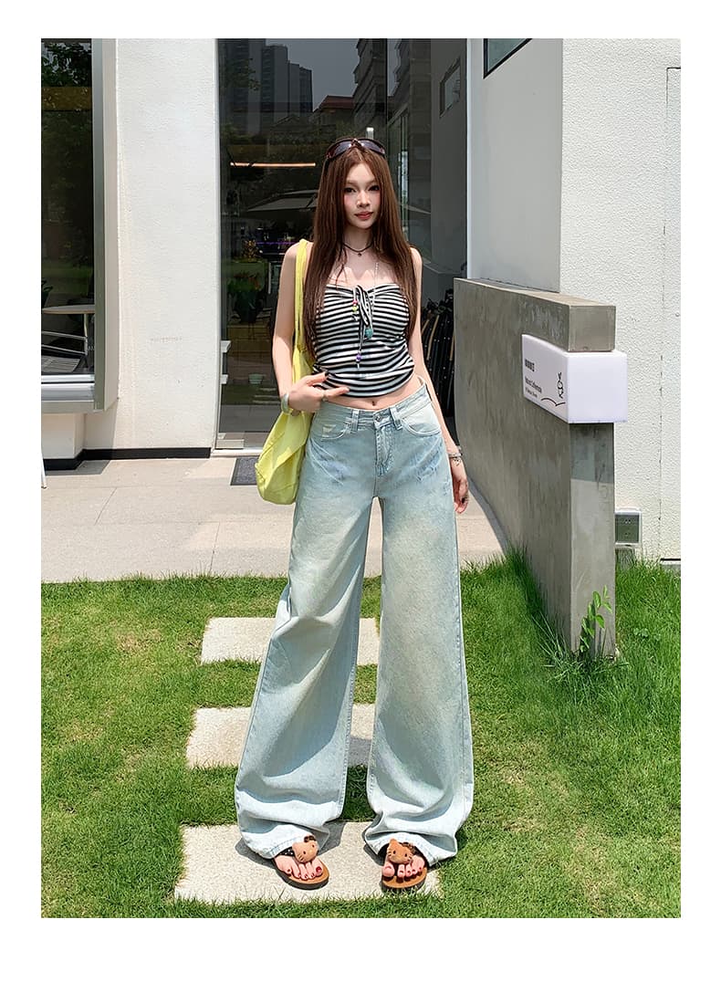 아메리칸 레트로 워싱 마 오래된 고양이 반드시 압력 주름 루즈핏 넓은 다리 스트레이트 도루 센스 데님 긴 바지 여성 상세 이미지 13