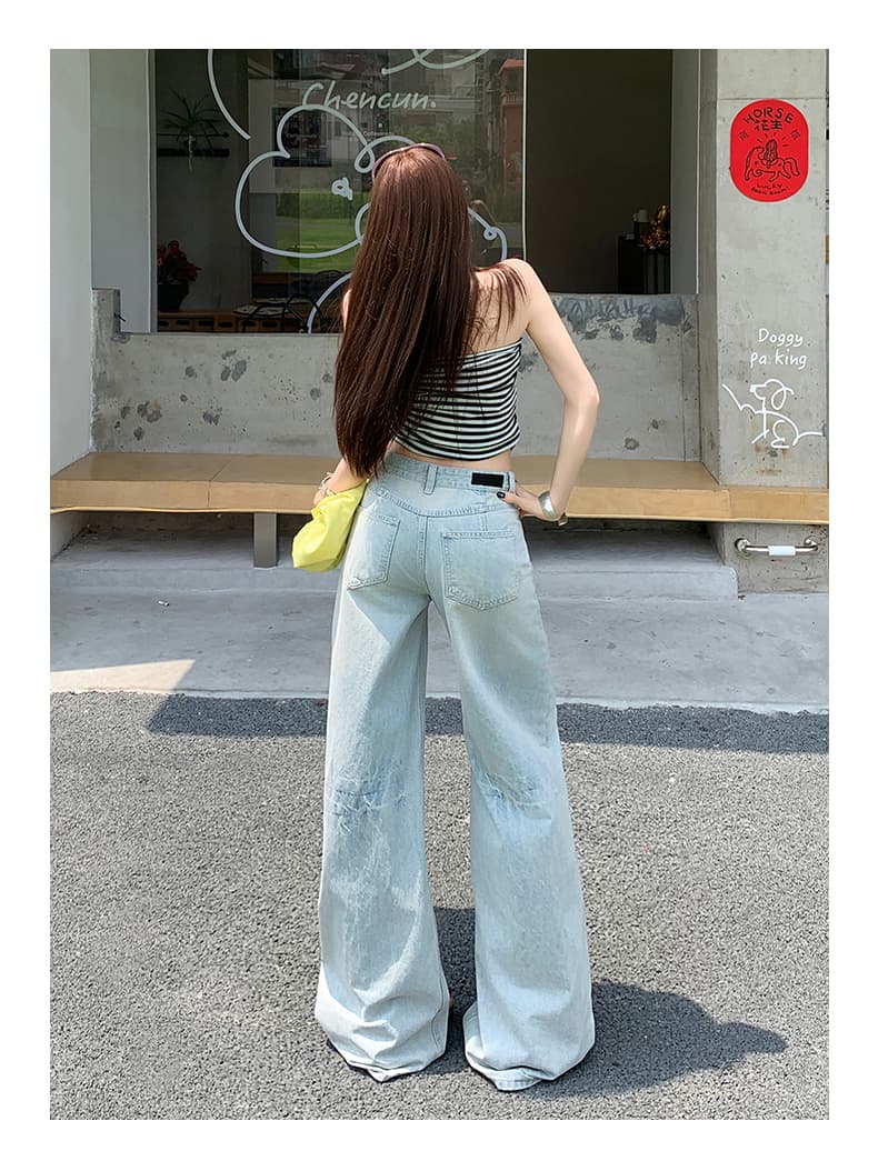 아메리칸 레트로 워싱 마 오래된 고양이 반드시 압력 주름 루즈핏 넓은 다리 스트레이트 도루 센스 데님 긴 바지 여성 상세 이미지 16