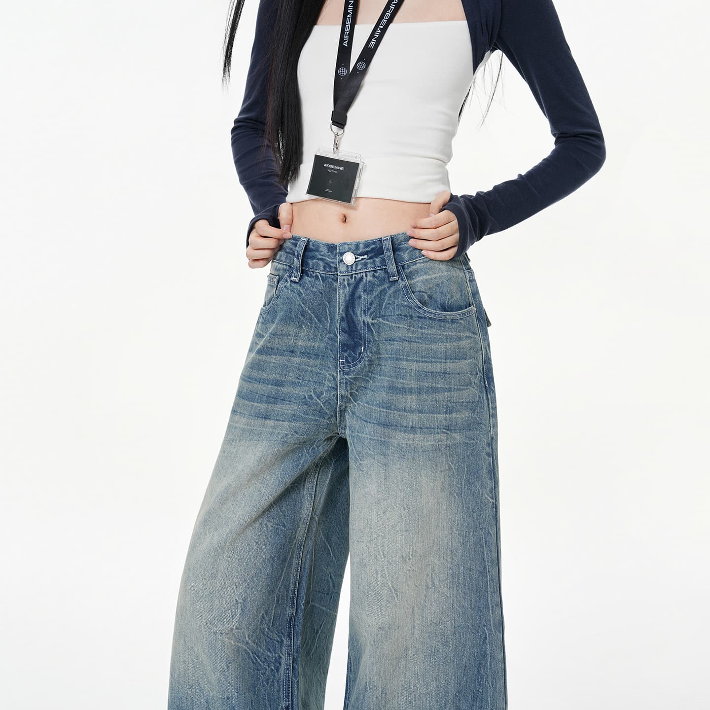 아메리칸 플리츠 넓은 다리 청바지 여성 2026 가을 새로운 하이웨이스트 무거운 작업 디자인 센스 꽃꽂이 워시 물 바닥 청소 바지 이미지 4