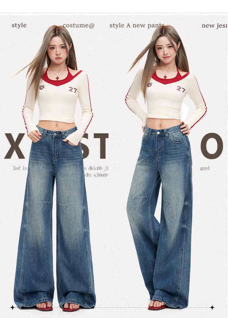 아메리칸 레트로 넓은 다리 청바지 여성 2026 봄 새로운 슬림해 보이는 루즈핏 디자인 센스 스트레이트 바닥 청소 바지 상세 이미지 2