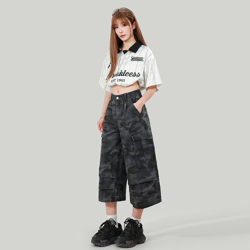 아메리칸 레트로 카모플라주 데님 7부 바지 여성 여름 새로운 바지 기타 주머니 디자인 센스 넓은 다리 워크웨어 반바지 이미지 2