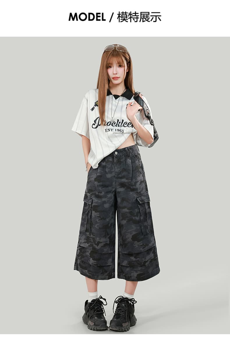 아메리칸 레트로 카모플라주 데님 7부 바지 여성 여름 새로운 바지 기타 주머니 디자인 센스 넓은 다리 워크웨어 반바지 상세 이미지 5