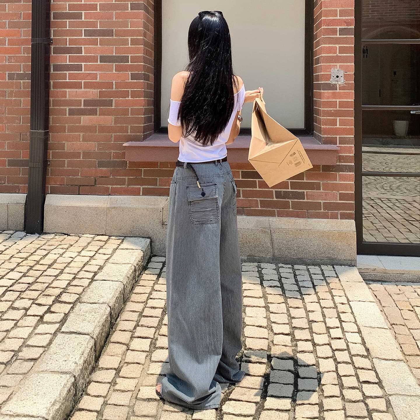 아메리칸 레트로 스트라이프 원단 루즈핏 스트레이트 넓은 다리 청바지 여성 스트라이프 블루 긴 바지 길이 연장 이미지 5