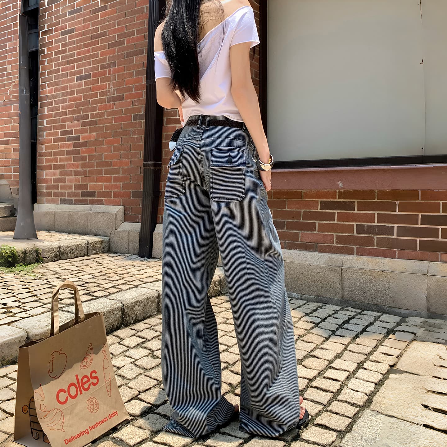 아메리칸 레트로 스트라이프 원단 루즈핏 스트레이트 넓은 다리 청바지 여성 스트라이프 블루 긴 바지 길이 연장 이미지 2