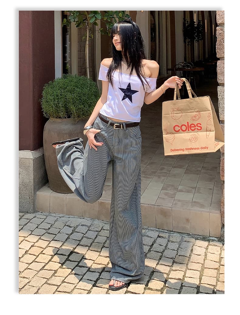 아메리칸 레트로 스트라이프 원단 루즈핏 스트레이트 넓은 다리 청바지 여성 스트라이프 블루 긴 바지 길이 연장 상세 이미지 8