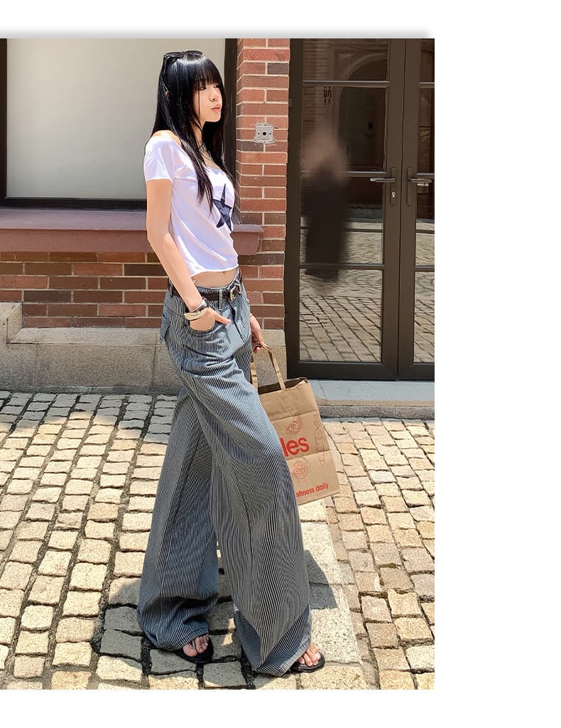 아메리칸 레트로 스트라이프 원단 루즈핏 스트레이트 넓은 다리 청바지 여성 스트라이프 블루 긴 바지 길이 연장 상세 이미지 10