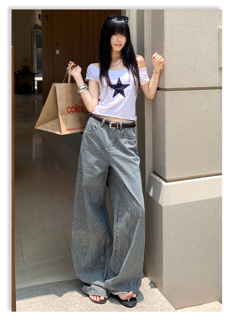 아메리칸 레트로 스트라이프 원단 루즈핏 스트레이트 넓은 다리 청바지 여성 스트라이프 블루 긴 바지 길이 연장 상세 이미지 19