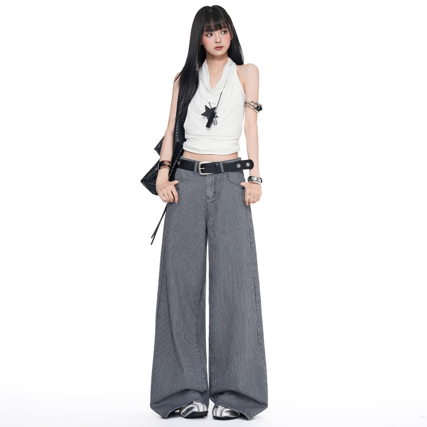 아메리칸 레트로 스트라이프 원단 루즈핏 스트레이트 넓은 다리 청바지 여성 스트라이프 블루 긴 바지 길이 연장 수정 이미지 2