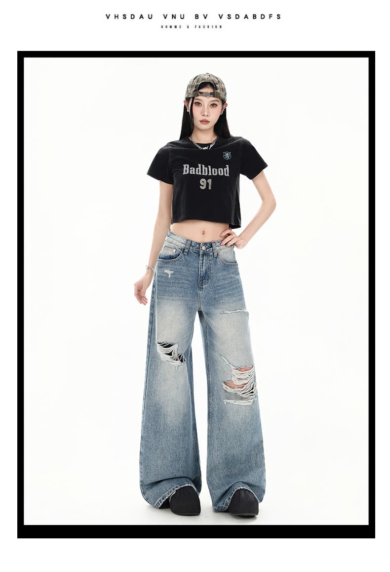 레트로 워싱 찢어진 부분 청바지 여성 루즈핏 워싱 스트레이트 팬츠 캐주얼 바닥 청소 바지 롱 바지 상세 이미지 5