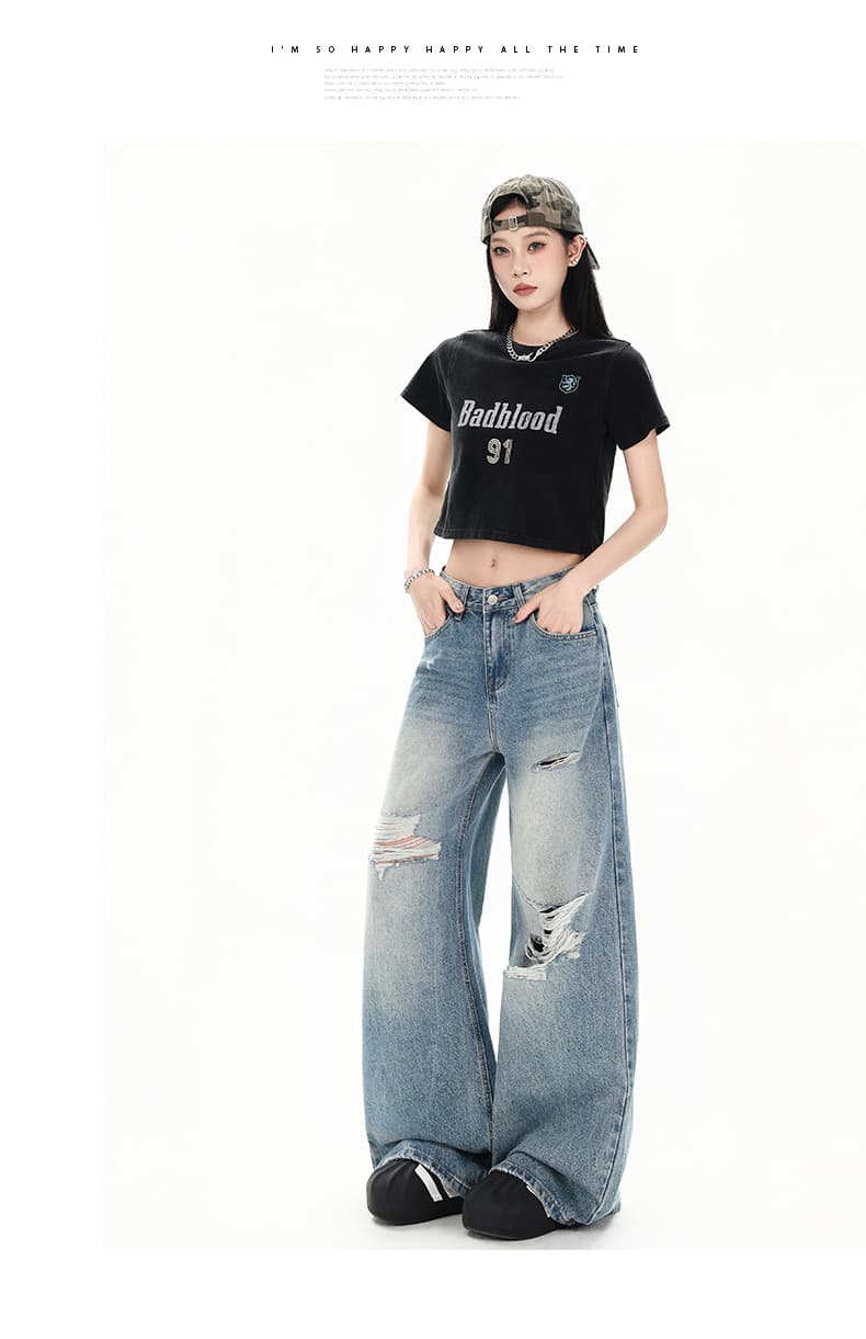 레트로 워싱 찢어진 부분 청바지 여성 루즈핏 워싱 스트레이트 팬츠 캐주얼 바닥 청소 바지 롱 바지 상세 이미지 8