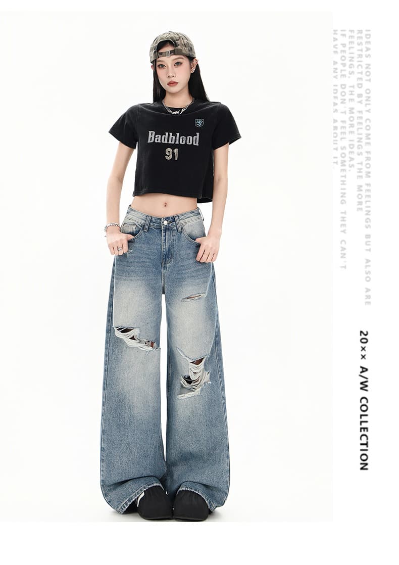 레트로 워싱 찢어진 부분 청바지 여성 루즈핏 워싱 스트레이트 팬츠 캐주얼 바닥 청소 바지 롱 바지 상세 이미지 12