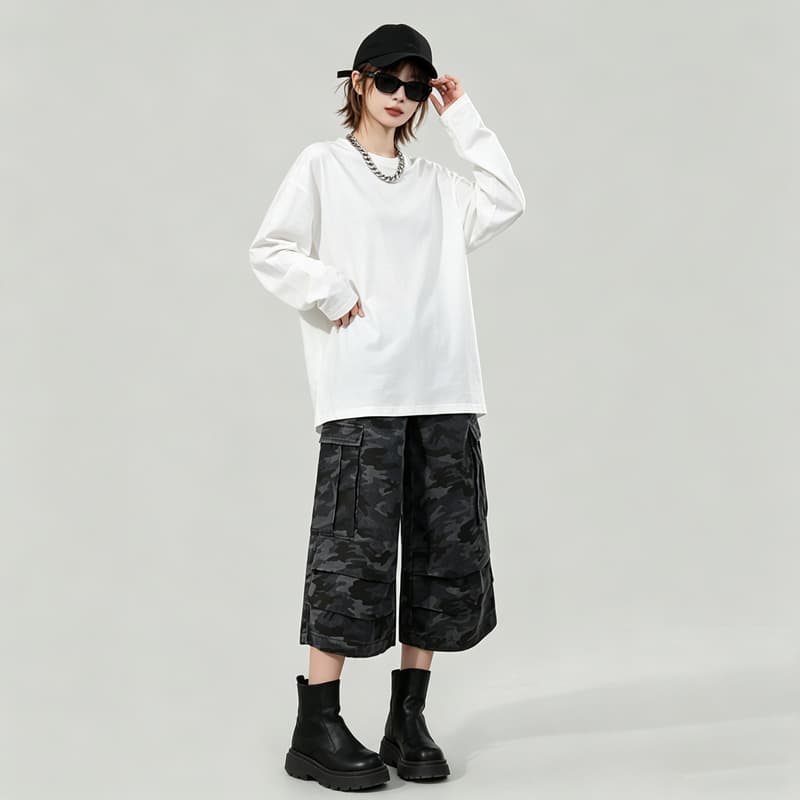 아메리칸 카모플라주 넓은 다리 7 점 청바지 여성 하이웨이스트 빅 포켓 워크웨어 바지 루즈핏 캐주얼 바지
