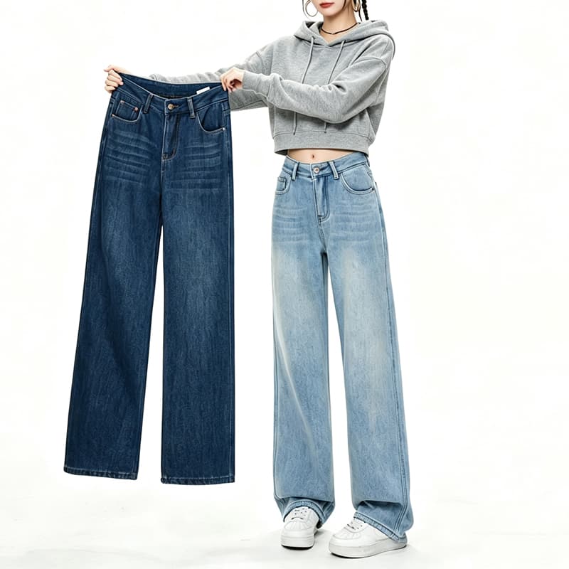 여성 의류 아메리칸 하이웨이스트 넓은 다리 청바지 여성 가을 겨울 털이 있고 두꺼운 도루 센스 루즈핏 스트레이트 바닥 청소 긴 바지 6010 이미지 3