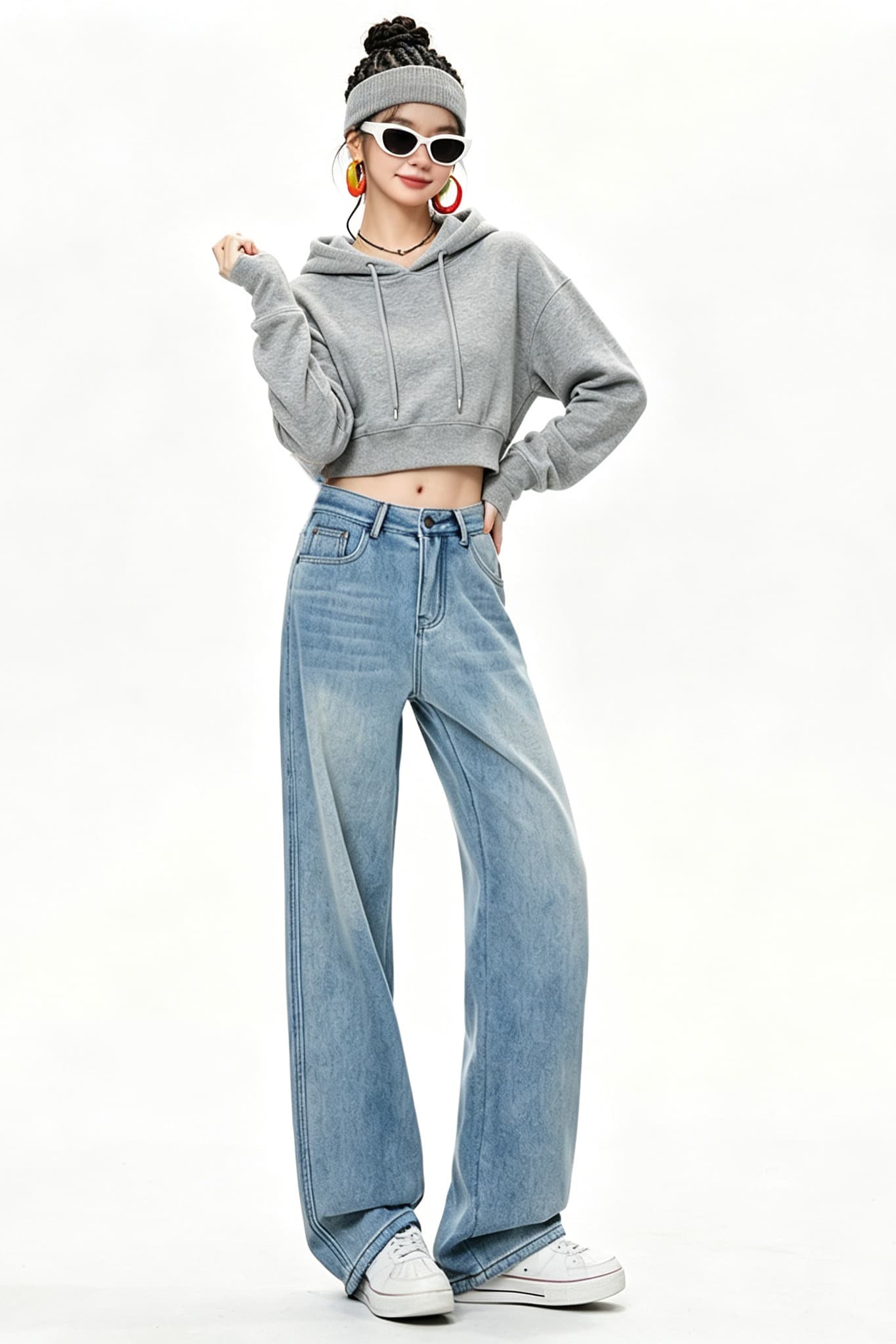 여성 의류 아메리칸 하이웨이스트 넓은 다리 청바지 여성 가을 겨울 털이 있고 두꺼운 도루 센스 루즈핏 스트레이트 바닥 청소 긴 바지 6010 이미지 6