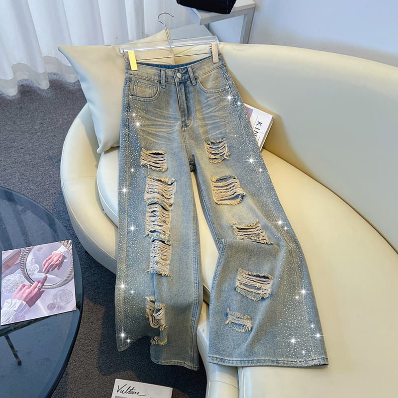 높은 품질 적립 전체 핫픽스 무거운 작업 청바지 여성 찢어진 부분 자유 거리 슬림해 보이는 루즈핏 도루 센스 와이드 레그 팬츠 이미지 5