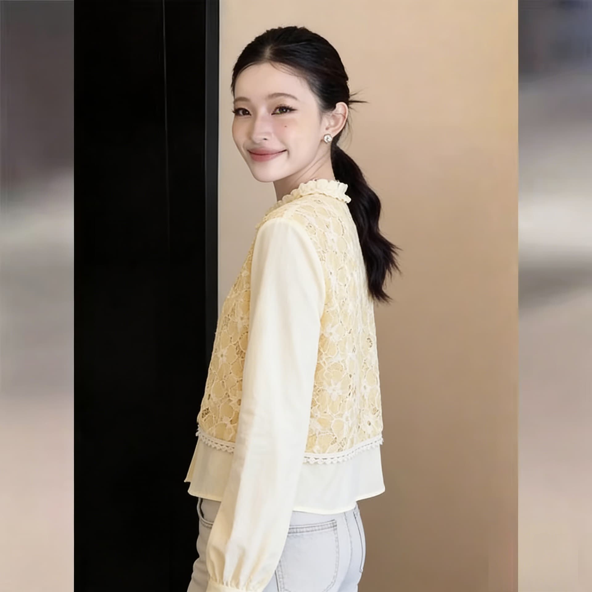 실사 레트로 홀로우 아웃 자카드 긴팔 여성 셔츠 2026 봄 디자인 센스 루즈핏 슬림해 보이는 맨위 이미지 3