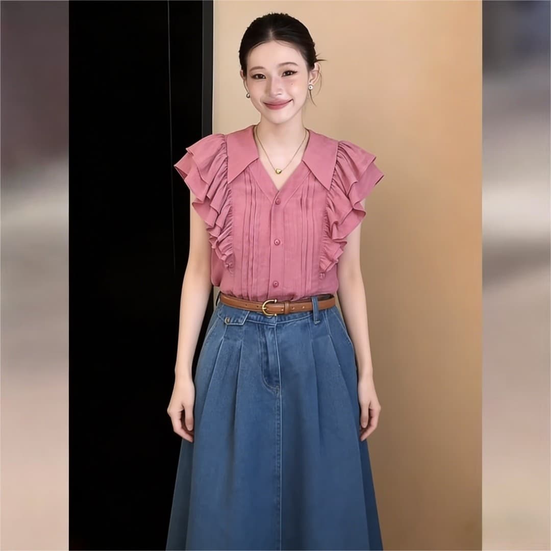 실사 프랑스식 레트로 Feifei 소매 셔츠 맨위 2026 여름 고급 센스 품격 다용도 캐주얼 셔츠 이미지 4