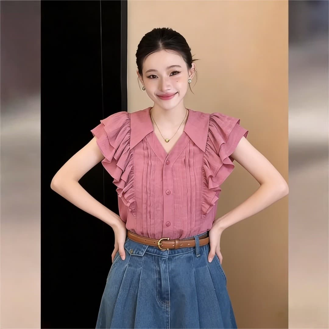 실사 프랑스식 레트로 Feifei 소매 셔츠 맨위 2026 여름 고급 센스 품격 다용도 캐주얼 셔츠 상세 이미지 3