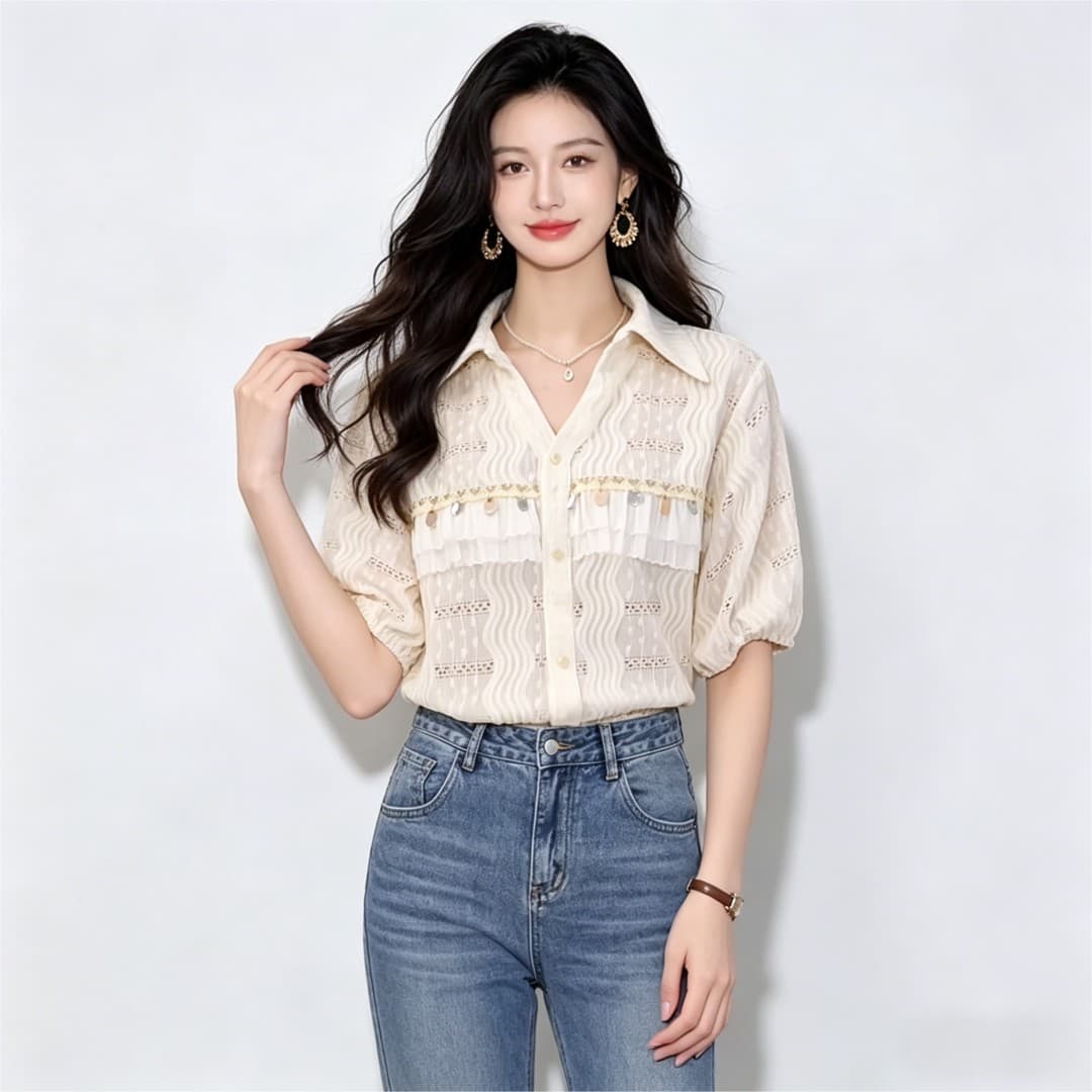 실사 스팽글 홀로우 아웃 통기성 반팔 여성 셔츠 202 여름 품격 고급 센스 루즈핏 맨위 이미지 3