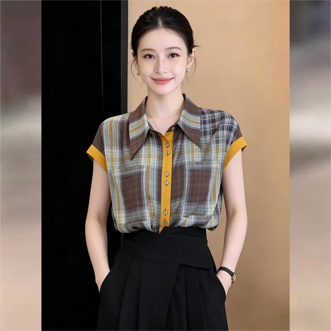 실사 한국 스타일 미니멀리즘 레트로 센스 체크무늬 얇고 가벼운 여성 셔츠 2026 여름 새로운 느슨함 센스 배색 셔츠 트렌디 이미지 4