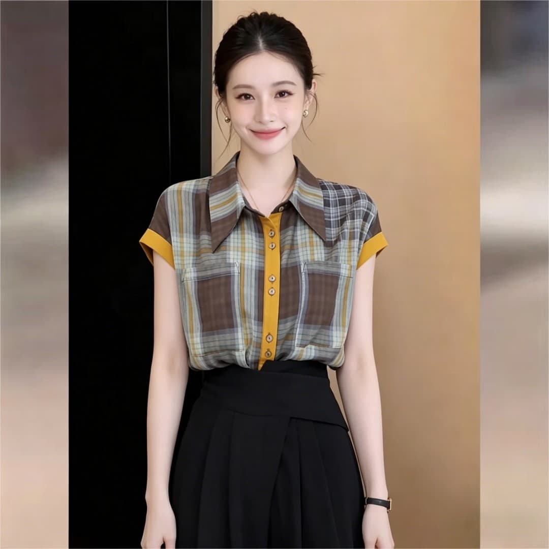 실사 한국 스타일 미니멀리즘 레트로 센스 체크무늬 얇고 가벼운 여성 셔츠 2026 여름 새로운 느슨함 센스 배색 셔츠 트렌디 이미지 3