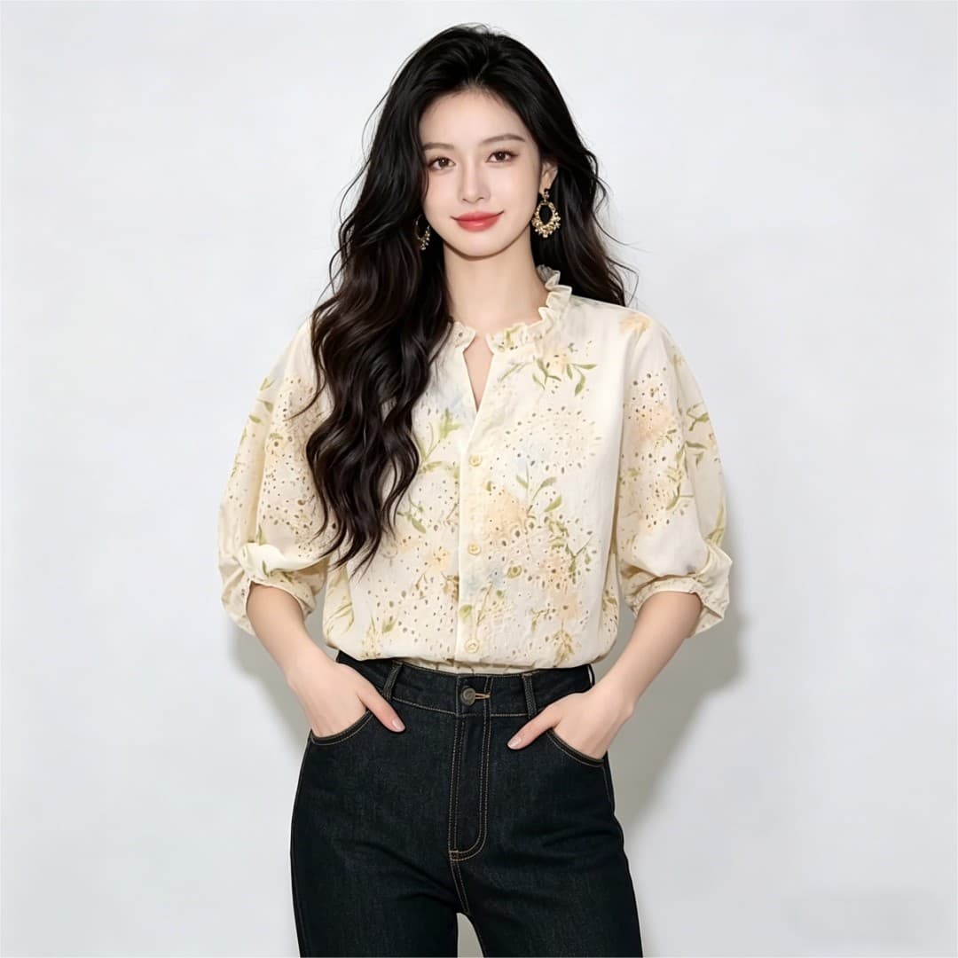 실사 프랑스식 홀로우 아웃 자수 주름 칼라 반팔 셔츠 맨위 2026 여름 고급 센스 루즈핏 얇은 스타일 셔츠 상세 이미지 4