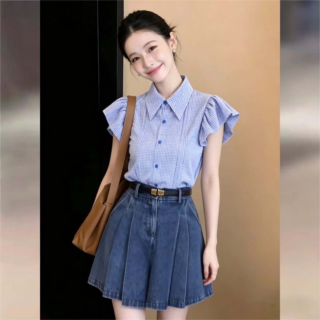 실사 한 스타일 좋은 체크무늬 품격 얇은 스타일 Feifei 소매 반팔 여성 셔츠 2026 여름 출퇴근 다용도 맨위 이미지 3